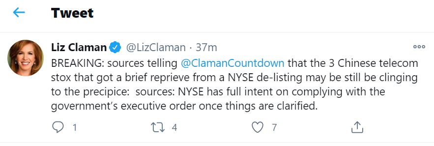 美国财长努钦致电纽交所，反对不摘牌中国电信