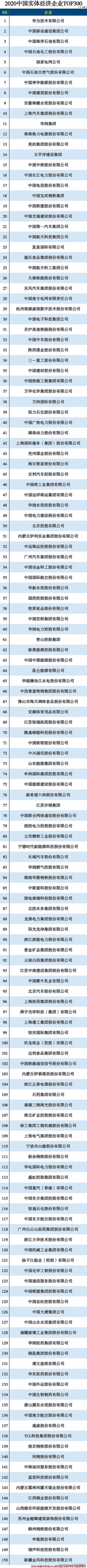 2020中国实体经济排行榜TOP300强公司名单