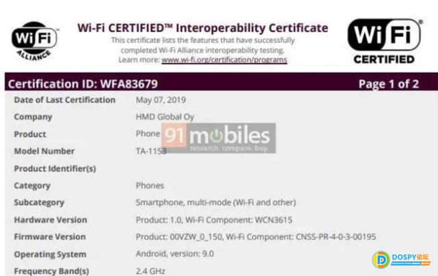 Nokia2款新手入门型号曝出：自带AndroidP系统软件，根据Wi-Fi联盟验证