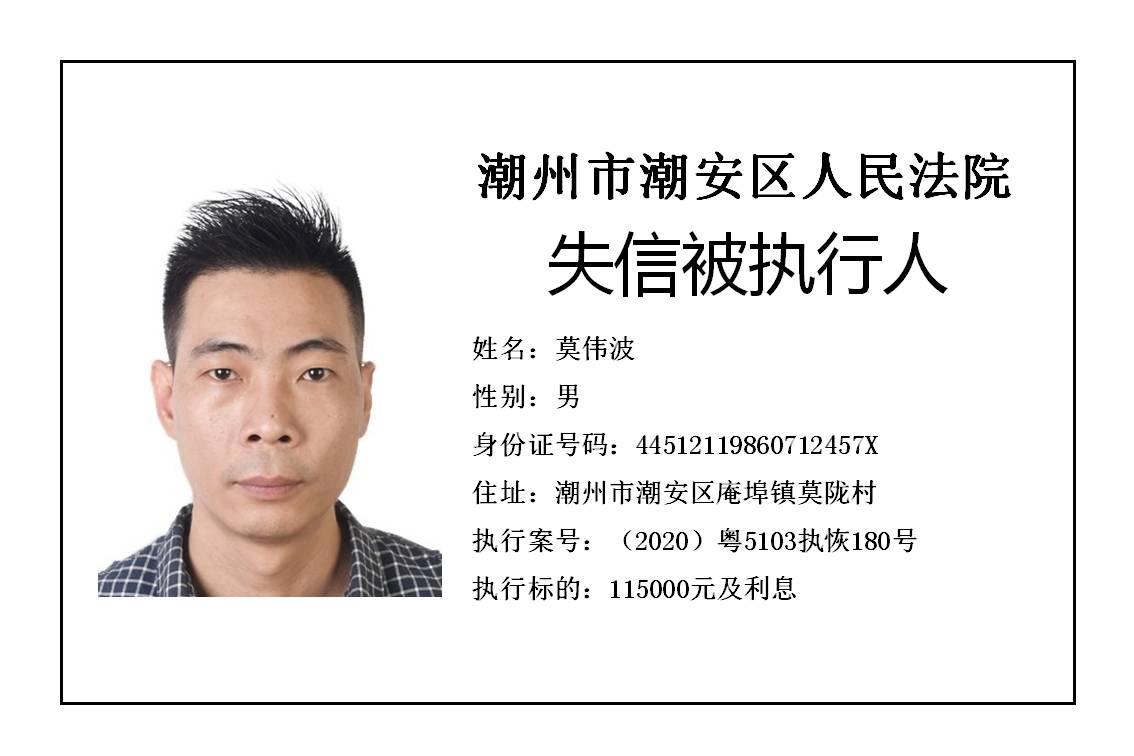 潮州市潮安区人民法院发布2020年第五批失信被执行人公告
