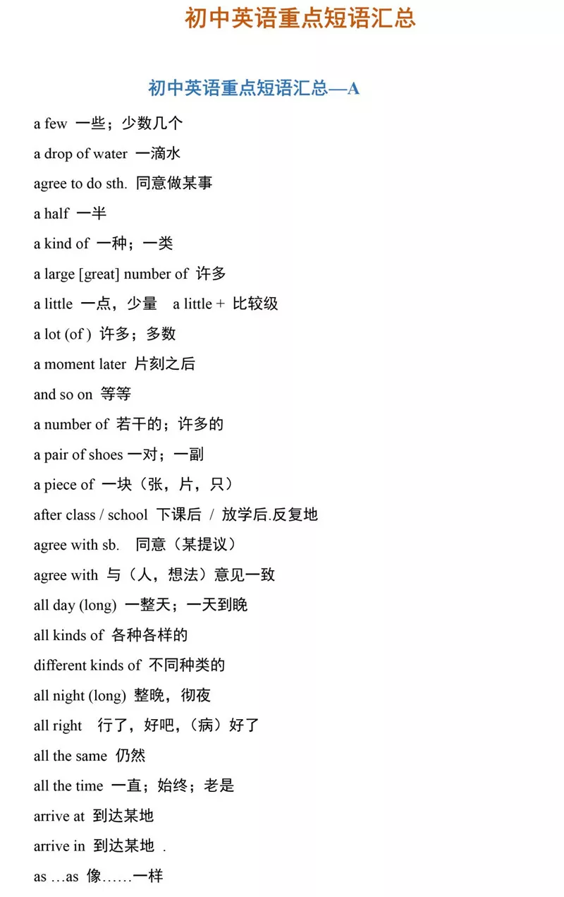 初一到初三英语，489个重点短语词组汇总，收藏打印