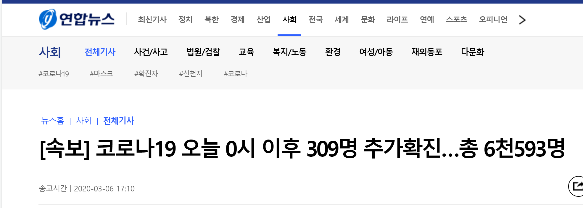 快讯！韩国新增309 例新冠肺炎确诊病例，累计确诊6593 例