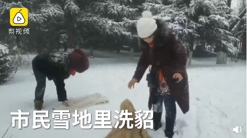 东北大妈用雪洗貂皮大衣 网友：学到了！现在就缺雪和貂了！