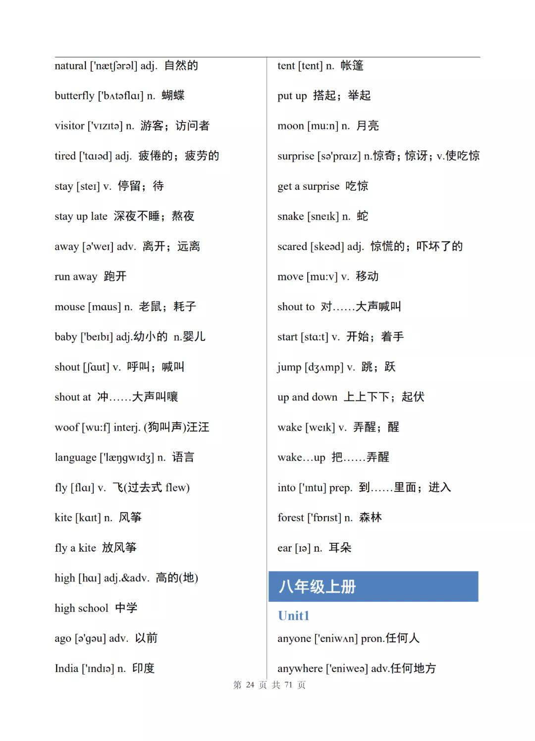 初中英语七年级上册电子单词表整理，可打印下载
