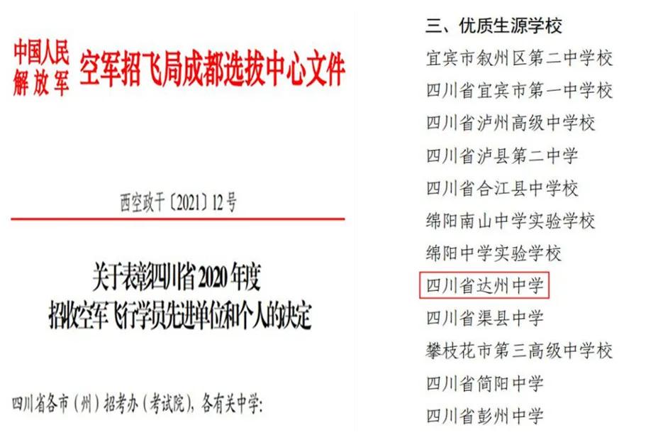 喜讯：达州中学又又又获评空军招飞先进单位