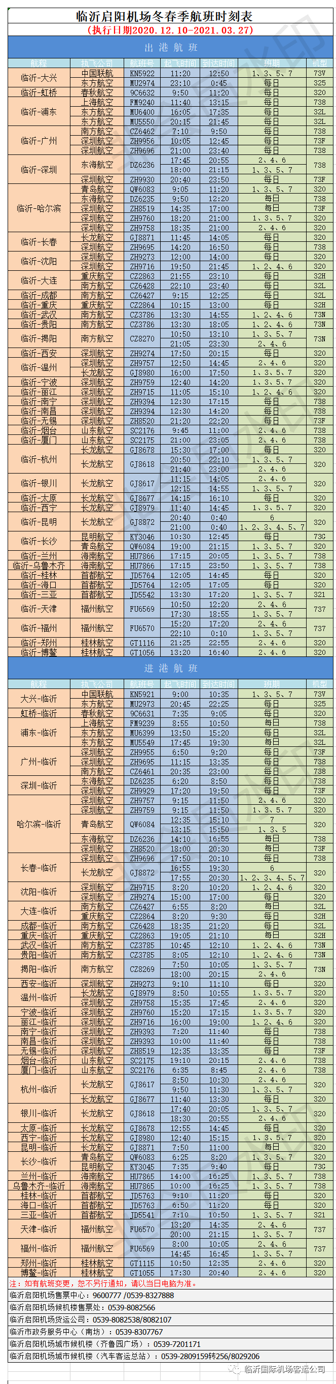 临沂机场将恢复至呼和浩特、南通航线