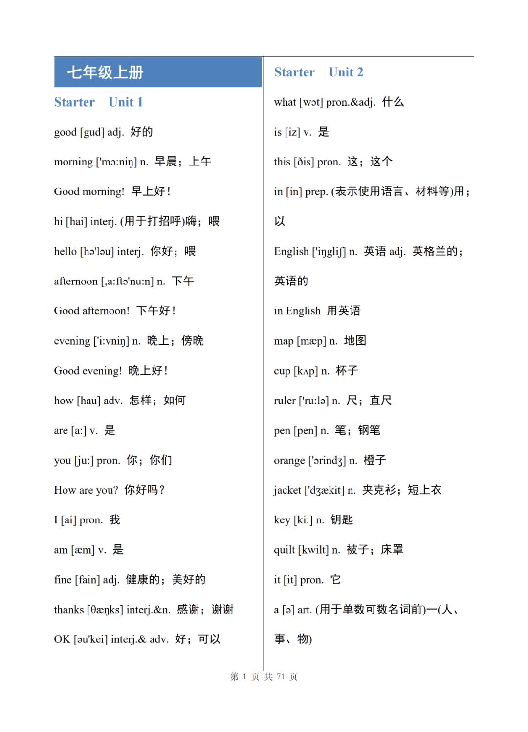 初中英语七年级上册电子单词表整理，可打印下载