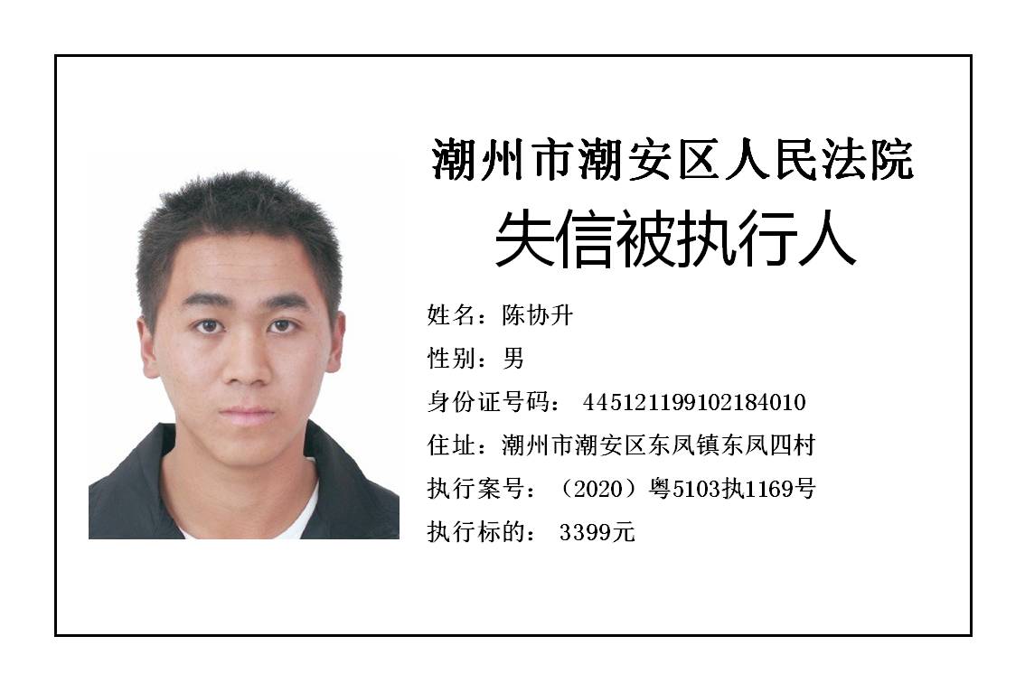 潮州市潮安区人民法院发布2020年第五批失信被执行人公告