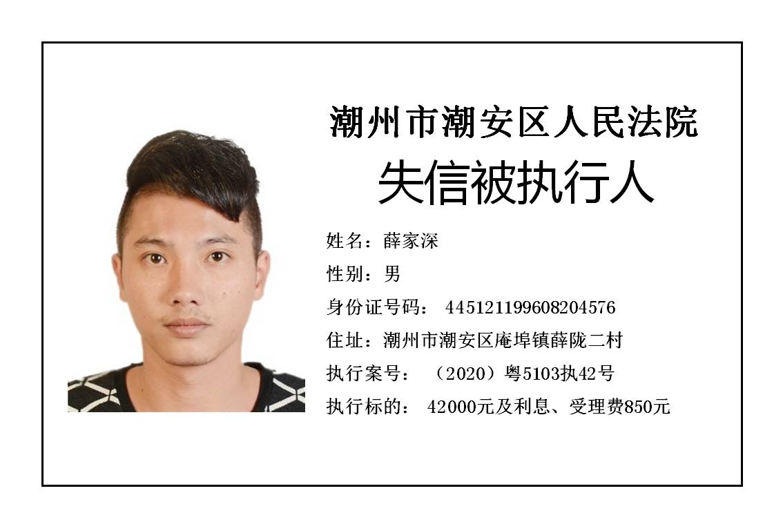 潮州市潮安区人民法院发布2020年第五批失信被执行人公告