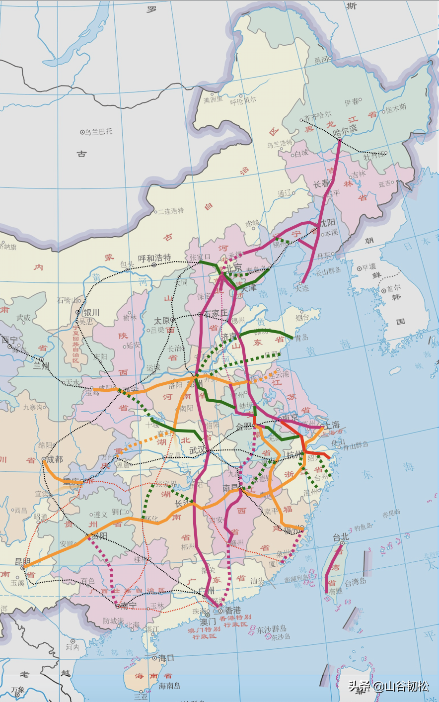 我国时速300km/h以上的高铁分布图，你在的城市有几条？