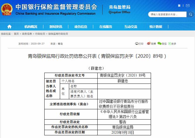 青岛建行“九连罚”后再收罚单，银行及相关责任人一并遭罚