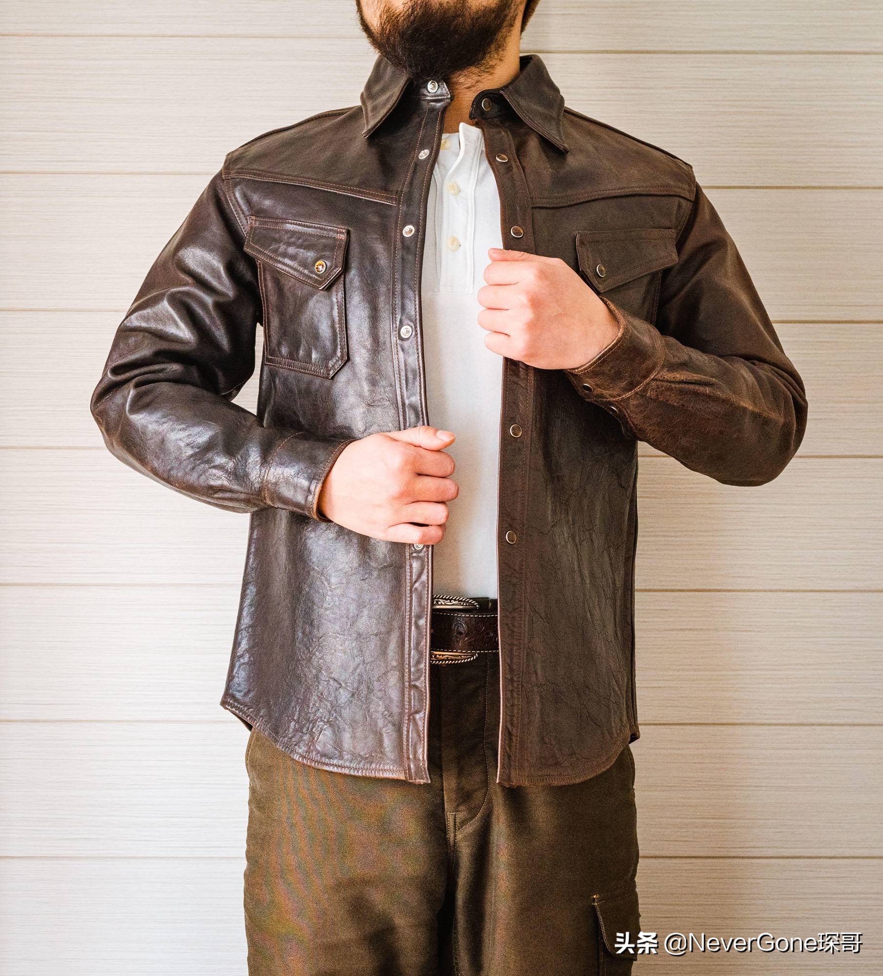 一件咔的一批的衬衣——加州小熊拼色皮衬衣